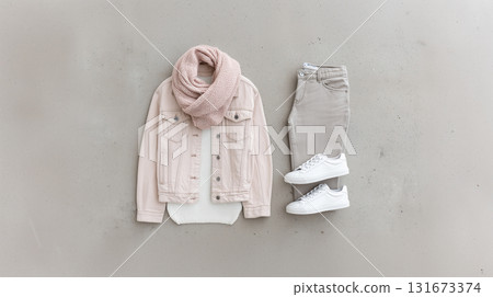 Spring Fashion Flat Lay with Light Denim Jacket Pink Scarf and White Sneakers 131673374