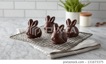 Chocolate Easter Bunny Treats on Cooling Rack in Modern White Kitchen 131673375