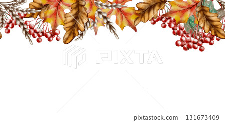 Autumn seamless border of oak and maple leaves with vibrant viburnum berries,in soft watercolor and textured colored pencils.For seasonal cards,childrens books and rustic decor hand drawn clipart Autumn seamless border of oak and maple leaves with vibrant viburnum berries,in soft watercolor and textured colored pencils.For seasonal cards,childrens books and rustic decor hand drawn clipart 131673409