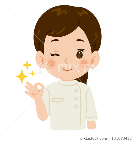 A woman wearing a white casey giving an OK sign, upper body illustration 131673453