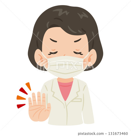 一位身穿白大褂、戴著口罩、等待姿勢的女士 — 上半身插圖 131673460