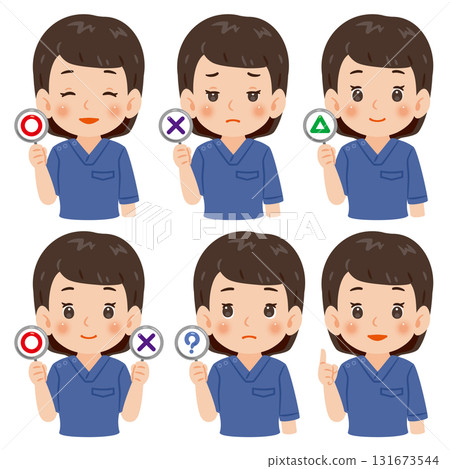 An upper body illustration of a woman wearing blue scrubs holding blue check marks and cross marks 131673544