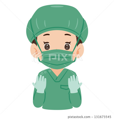 Illustration of a woman wearing green surgical gown, upper body 131673545