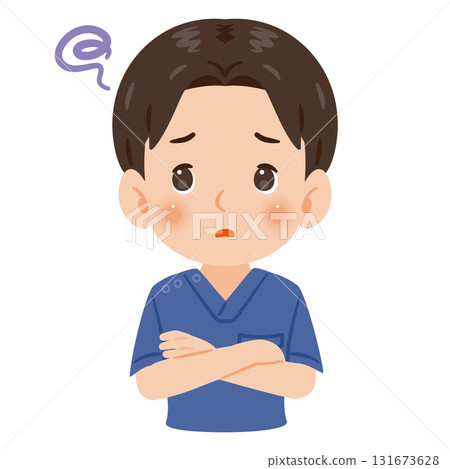 一位身穿藍色手術服、上身陷入困境的男子插圖 131673628