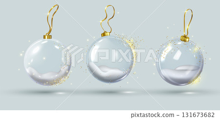 Set of Christmas glass ball hanging on gold ribbon with snow and golden glitters, vector 3D volume festive decoration Set of Christmas glass ball hanging on gold ribbon with snow and golden glitters, vector 3D volume festive decoration 131673682