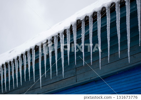 Sharp Icicles Hanging from a Snowy Roof Against a Blue Wooden Wall Sharp Icicles Hanging from a Snowy Roof Against a Blue Wooden Wall 131673776