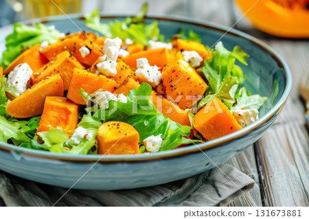 Fresh autumn salad with roasted squash and goat cheese served in a rustic bowl on a wooden table 131673881