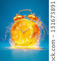 Vibrant orange alarm clock surrounded by glowing sparks on a blue background showcasing the concept of time and urgency 131673891