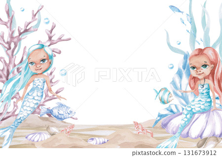 A rectangular frame with two mermaids on the seabed. Isolated watercolor illustration of underwater creatures for children's interior design, party decor, and swimming pools. 131673912