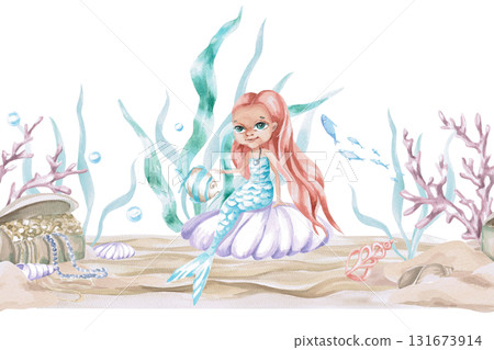 A seamless border featuring a mermaid and a treasure chest on the seabed. Isolated watercolor illustration of underwater creatures for children's interior design, party decor, and swimming pools. A seamless border featuring a mermaid and a treasure chest on the seabed. Isolated watercolor illustration of underwater creatures for children's interior design, party decor, and swimming pools. 131673914