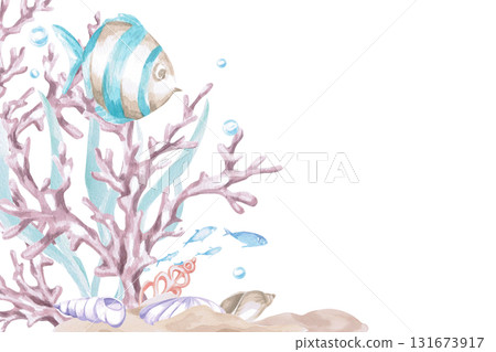 A rectangular frame with sea creatures, corals and striped fish. Isolated watercolor illustration of underwater creatures for children's interior design, party areas, playrooms, and swimming pools. A rectangular frame with sea creatures, corals and striped fish. Isolated watercolor illustration of underwater creatures for children's interior design, party areas, playrooms, and swimming pools. 131673917