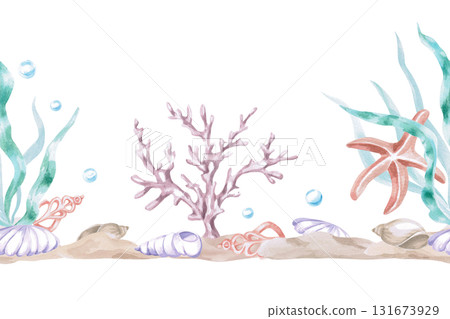 A seamless border with seaweed, coral, and shells. Isolated watercolor illustrations of underwater creatures for children's interior design, party areas, playrooms, and swimming pools. A seamless border with seaweed, coral, and shells. Isolated watercolor illustrations of underwater creatures for children's interior design, party areas, playrooms, and swimming pools. 131673929