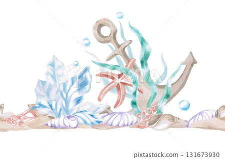 A seamless border featuring a ship's anchor and seaweed. Isolated watercolor illustration of underwater creatures for children's interior design, party areas, playrooms, and swimming pools. 131673930