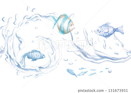 A seamless border featuring fish playing on the waves. Isolated watercolor illustration of sea creatures for children's interior design, party areas, playrooms, and swimming pools. 131673931