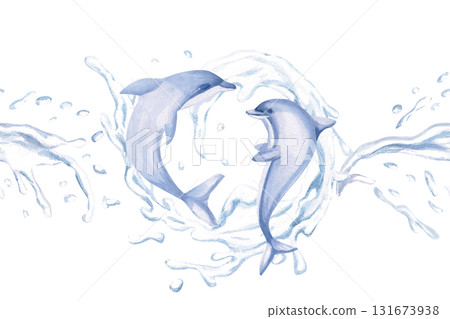 A seamless border featuring cheerful dolphins on the waves. Isolated watercolor illustrations of sea creatures for children's interior design, party areas, playrooms, and swimming pools. A seamless border featuring cheerful dolphins on the waves. Isolated watercolor illustrations of sea creatures for children's interior design, party areas, playrooms, and swimming pools. 131673938