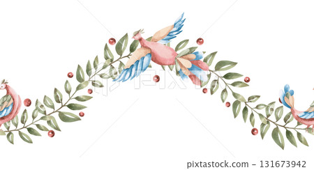 A seamless border with fairytale birds and branches. Isolated watercolor illustration in a folk style for interior design, home textiles, scarves, clothing, and kitchen accessories. 131673942