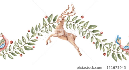 A seamless border with a running deer, birds, and branches. Isolated watercolor illustration in a folk style for interior design, home textiles, scarves, clothing, and kitchen accessories. A seamless border with a running deer, birds, and branches. Isolated watercolor illustration in a folk style for interior design, home textiles, scarves, clothing, and kitchen accessories. 131673943