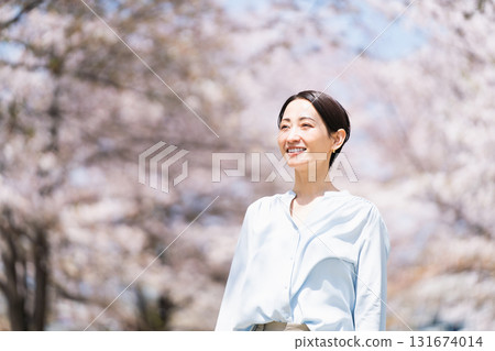 A young woman looking up at the cherry blossom trees Lifestyle image A young woman looking up at the cherry blossom trees Lifestyle image 131674014