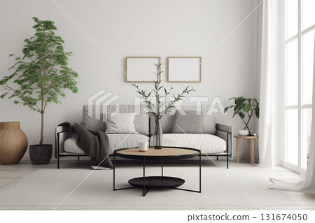 Nordic living room in grey and beige colors, modern interior created with ai generative tools. 131674050