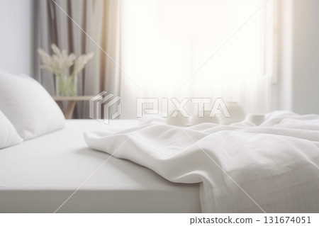 White bedding sheets and pillow background, Messy bed concept created with generative Ai technology. 131674051