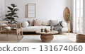 Modern interior in beige and grey colors, cozy living room created with ai generative tools. 131674060