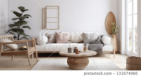 Modern interior in beige and grey colors, cozy living room created with ai generative tools. Modern interior in beige and grey colors, cozy living room created with ai generative tools. 131674060