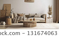 Modern bohemian interior in beige and grey colors, cozy living room created with ai generative tools. 131674063
