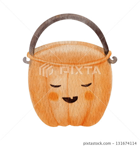 Watercolor Halloween pumpkin bucket for candy. Hand painted orange jack o lantern container isolated on white, perfect for trick or treat design, card, or invitation. 131674114