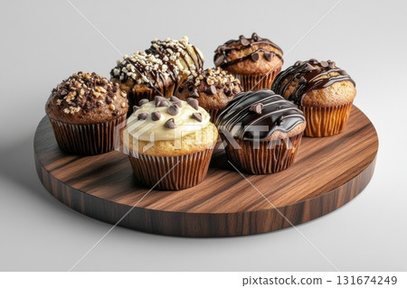 Assorted muffins with various toppings like chocolate chips, frosting, and crumble, arranged on a wooden tray. Perfect for bakery ads, dessert menus, food blogs, or promotional sweet-themed content 131674249
