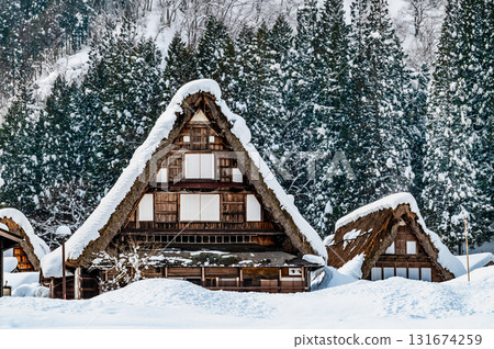 五箇山相倉合掌村的白雪覆蓋的房屋 131674259