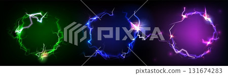 Round neon lightning frames set isolated on black 131674283