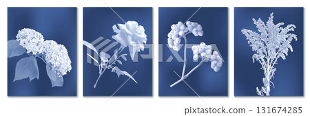 Cyanotype floral patterns set with hydrangea Cyanotype floral patterns set with hydrangea 131674285