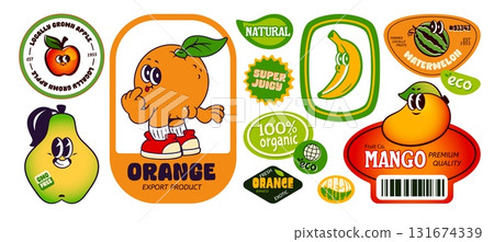 Retro fruit sticker set with cartoon characters 131674339