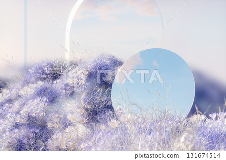 Abstract winter landscape scene with a mirror reflecting the sky. 3d rendering Abstract winter landscape scene with a mirror reflecting the sky. 3d rendering 131674514
