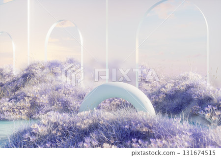 Abstract winter landscape scene with a podium for product display. 3d rendering 131674515