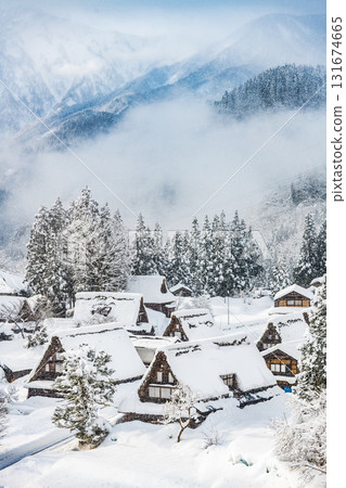 Gokayama: Ainokura Gassho-style Village on a Clear Snowy Day 131674665
