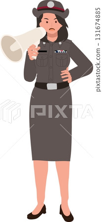 woman police officer character in uniform using megaphone for public announcement and law enforcement woman police officer character in uniform using megaphone for public announcement and law enforcement 131674885