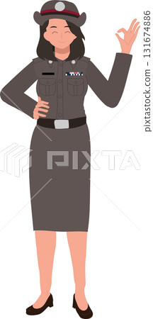 a smiling thai police woman in uniform making an ok gesture 131674886