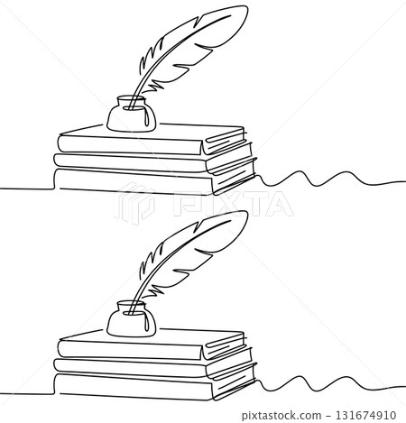 SEO Title: Quill Pen and Books One Line Drawing Vector. Vintage Literature and Education Concept. 131674910