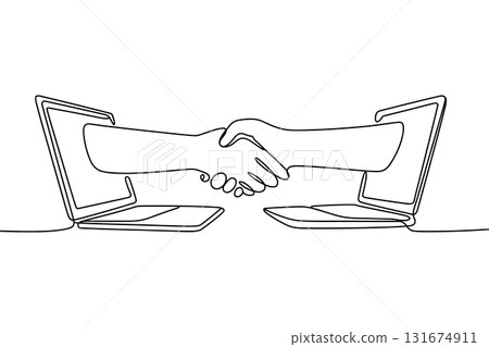 SEO Title: Online Business Handshake from Laptops One Line Drawing Vector. Digital Agreement and Partnership. SEO Title: Online Business Handshake from Laptops One Line Drawing Vector. Digital Agreement and Partnership. 131674911