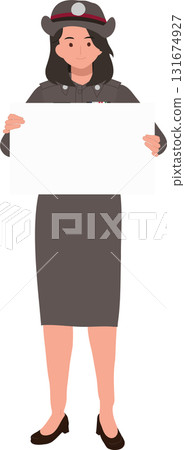 Thai policewoman in official uniform holding empty signboard, ideal for education, public service, or law enforcement concepts Thai policewoman in official uniform holding empty signboard, ideal for education, public service, or law enforcement concepts 131674927