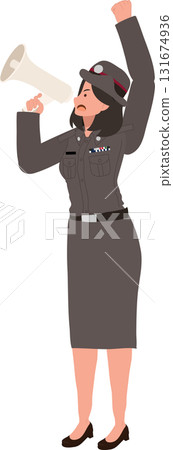 female officer shouting megaphone leadership public communication city safety law enforcement duty female officer shouting megaphone leadership public communication city safety law enforcement duty 131674936