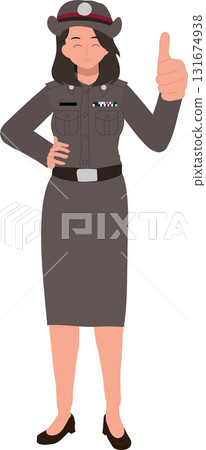 a female Thai police officer in uniform giving a thumbs up 131674938