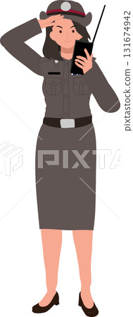woman police officer in thai uniform talking on radio standing confidently representing duty and authority in security service woman police officer in thai uniform talking on radio standing confidently representing duty and authority in security service 131674942