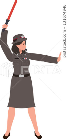 woman officer controlling traffic with red light baton.thai police for transportation and safety theme 131674946
