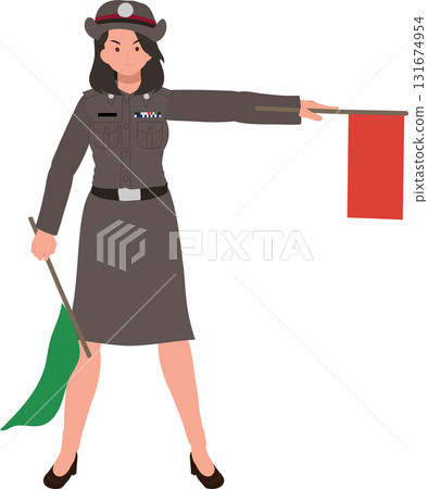 female thai traffic officer in uniform signaling with red and green flags for transportation safety theme female thai traffic officer in uniform signaling with red and green flags for transportation safety theme 131674954