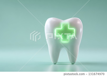 Tooth with glowing medical cross symbol on turquoise background Tooth with glowing medical cross symbol on turquoise background 131674970
