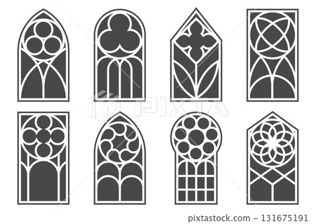 Gothic church window frames. Cathedral architecture elements. Medieval castle vintage stained glass arches. Catholic interior decoration on white background. Door shapes with pattern. Vector 131675191
