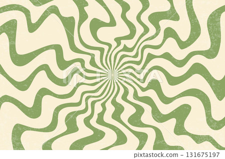 Groovy retro background with pattern of spiral psychedelic green wavy rays. 70s abstract swirl vector sunburst design. Vintage funky radial hippie poster. Striped playful circular bg Groovy retro background with pattern of spiral psychedelic green wavy rays. 70s abstract swirl vector sunburst design. Vintage funky radial hippie poster. Striped playful circular bg 131675197