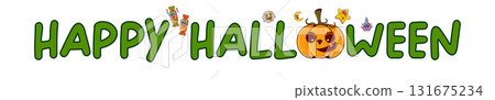 Funny cartoon pumpkin and green Happy Halloween text for a wide banner. Happy halloween wide banner with cartoon funky pumpkin and greeting green text 131675234